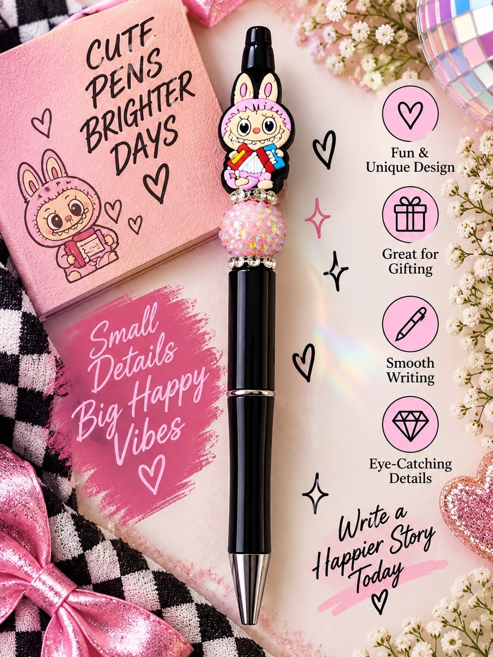 Cute Handmade Bunny Charm Black Ballpoint Pen with Pink Bead Accent!!